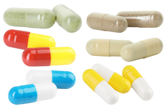 raster image featuring a scattered collection of large, colorful pharmaceutical capsules and dietary supplements isolated against a pristine transparent background.
