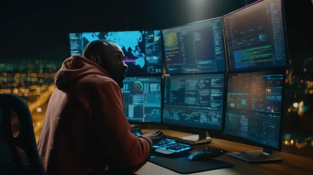 Medium shot of a developer monitoring an automated CICD pipeline on multiple screens showcasing streamlined software release and continuous integration in a modern workspace.