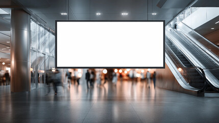 Horizontal Digital Mockup Billboard Hanging in Modern Airport or Subway Station Interior, Generative AI