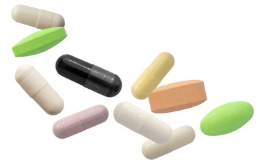 photograph of various colorful health supplements including capsules and oval tablets falling or floating against a stark, isolated transparent background.