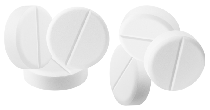 photograph showcasing a dynamic cluster of multiple large, round, white medicinal tablets with visible score lines, overlapping and isolated against a pure transparent background.