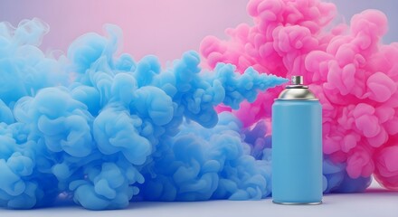 Blue aerosol spray can releasing vibrant smoke cloud with pink background for gender reveal concepts