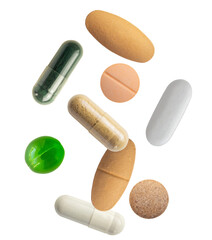 close-up photograph capturing a dynamic array of colorful health supplements and pharmaceuticals, including hard capsules, softgels, and various tablets, isolated on black.