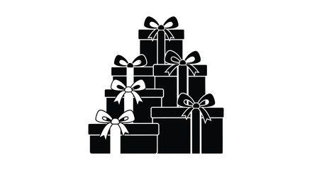 A tall stack of beautifully wrapped gift boxes tied with bows in a striking black silhouette