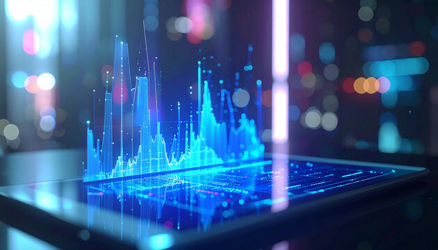 Digital Data Insights: A sleek tablet displays a vibrant digital data graph with a modern city backdrop. Evokes the dynamic interplay of technology and information. 
