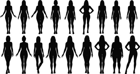 Set of diverse female body silhouettes, various women figures standing poses, anatomy reference for fashion, design, and artistic study illustration