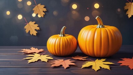 Two pumpkins sit on a wooden table with autumn leaves scattered around them - Powered by Adobe
