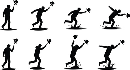 Man chasing flying hat silhouette, wind motion sequence, dynamic running poses, storyboard action, humorous moment, expressive movement, outdoor scene, urgency