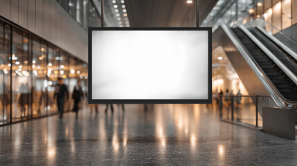 White Blank Horizontal Digital Billboard Mockup Hanging in Modern Airport or Shopping Mall Terminal, Generative AI