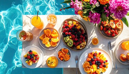 Table Laden With Fresh Fruit Salads And Tropical Drinks Beside A Sparkling Blue Infinity Pool On A Sunny Day