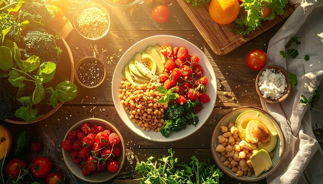 Symmetrical Overhead View Of A Healthy Grain Bowl With Avocado And Cherry Tomatoes Bathed In Warm Evening Sunlight On A Rustic Wooden Table - Powered by Adobe