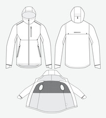 Ski jacket front and back view vector mockup template technical flat design.