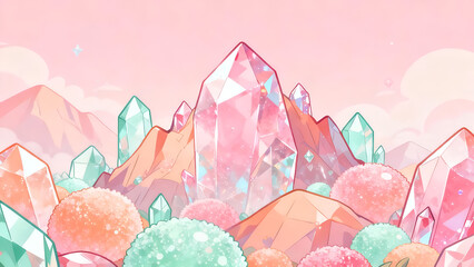 Soft pastel crystal-shaped candy mountains rising in a dreamy landscape, designed with crisp lines and smooth textures for a magical and cute setting.