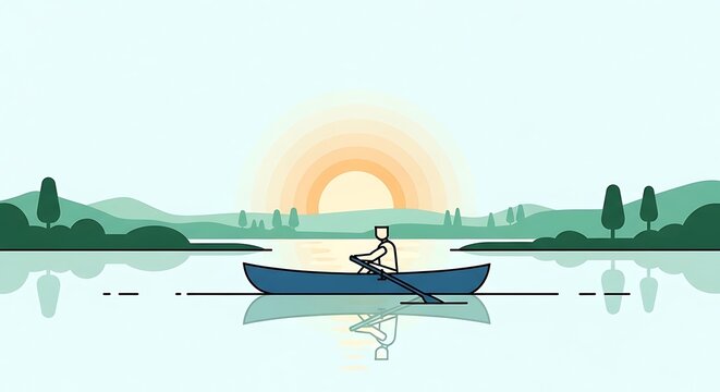 Minimalist illustration of a person rowing a boat on a serene lake at sunrise.