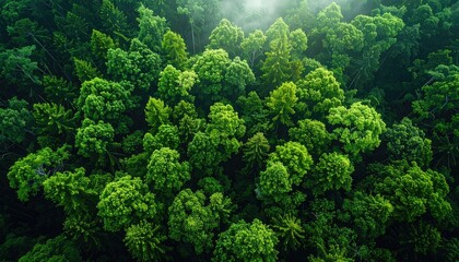 Top down aerial view of dense green forest canopy with sunbeams filtering through the leaves creating a mystical atmosphere natural beauty and tranquility