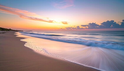 Serene Tropical Island Beach at Sunrise with Palm Trees Golden Sand and Turquoise Waters Reflecting Soft Pastel Hues