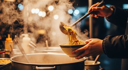 Naklejka premium Hands Serving Hot Noodle Soup in a Street Food Stall at Night