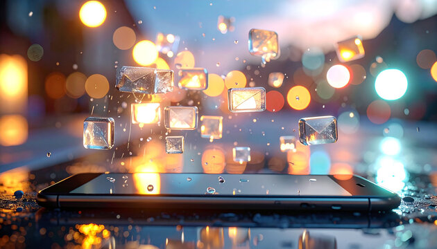 Digital communication on smart phone: A futuristic representation of digital communication, with glowing envelopes floating above a sleek mobile device.