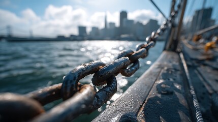 Naklejka premium Chain on Boat with Cityscape View and Water Sparkles in the Background