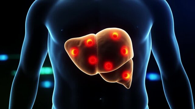 3D hologram of human liver showing hepatitis with glowing markers indicating liver damage