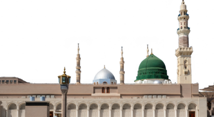 Majestic mosque with green domes and tall minarets under clear sky, islamic architecture isolated on transparent background