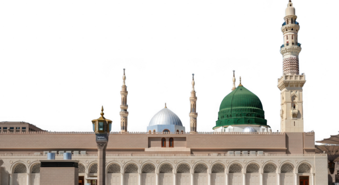 Majestic mosque with green domes and tall minarets under clear sky, islamic architecture isolated on transparent background