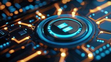 A blue and orange electronic circuit board with a blue button in the center. The blue button is surrounded by orange lines and is the only solid color in the image