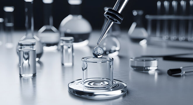 Clear laboratory glassware with pipette releasing liquid droplet sterile scientific environment