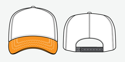 Snapback cap front and back view technical flat sketch vector mockup illustration.