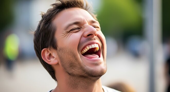 Man laughing uncontrollably with head back and wide open mouth, fun and spontaneous.