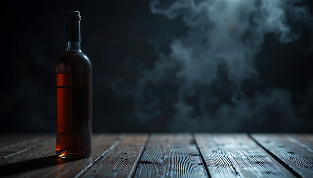 A bottle of red wine stands on a wooden table against a smoky background, creating a mysterious and atmospheric scene with a sense of depth and intrigue