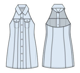 Women sleeveless denim jacket front and back view mockup template vector design technical illustration.