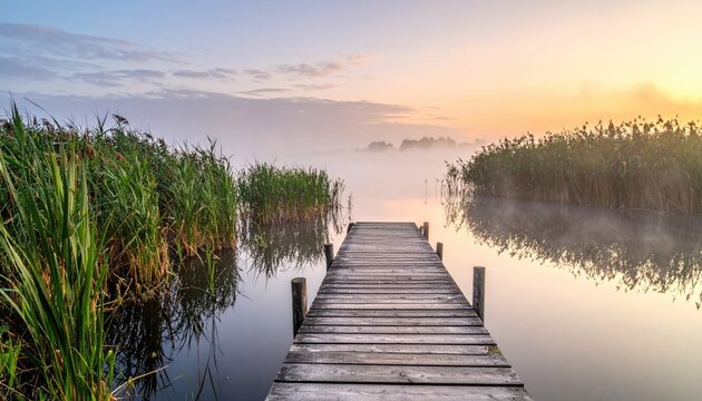 Wooden Pier Over Calm Water With Golden Sunrise And Misty Reeds On Either Side