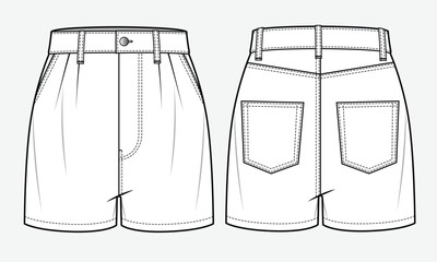 Ladies denim short pant mockup template vector design technical illustration.