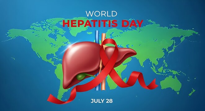 World Hepatitis Day - Liver illustration with a red ribbon on a world map background.
