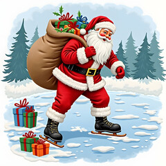 Santa skates across a frozen lake, carrying a sack of gifts. It's perfect for winter holiday-themed content, adding a touch of seasonal cheer.