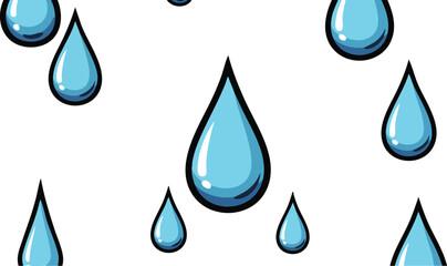 Cartoon Style Light Blue Water Drops Falling Against White Background