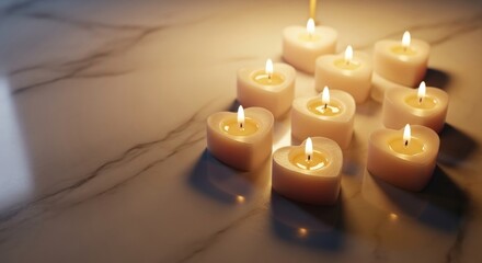 Heart shaped candles burning with warm glow on a marble surface creating romantic ambiance