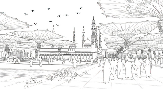 Detailed black and white illustration of a historic town with cathedral and bustling streets isolated on transparent background