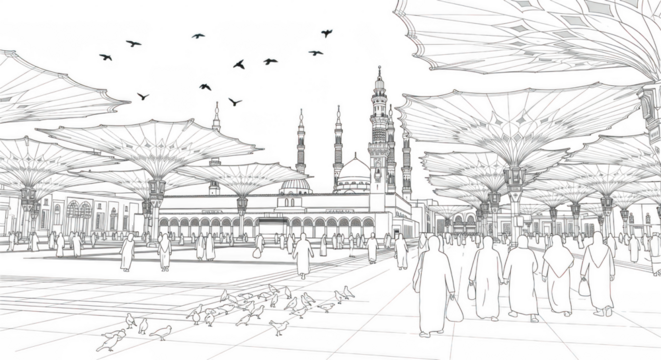 Detailed black and white illustration of a historic town with cathedral and bustling streets isolated on transparent background - Powered by Adobe