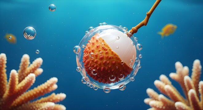 A transparent lychee fruit growing underwater, surrounded by glowing marine life, blending ocean fantasy with botanical realism.