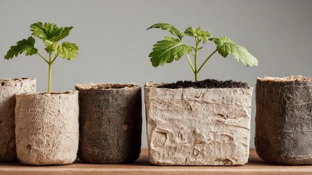 Medium shot of ecofriendly sapling packaging made from biodegradable materials highlighting natural texture and sustainable farming practices.