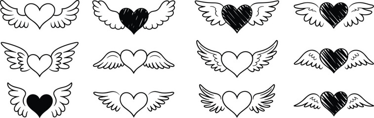 Collection of twelve black and white winged heart vector icons, romantic tattoo design symbols, love and freedom minimalist line art illustration