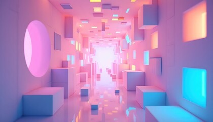 Obraz premium “Vivid Neon Cubes Forming a Futuristic Abstract Geometry Tunnel”