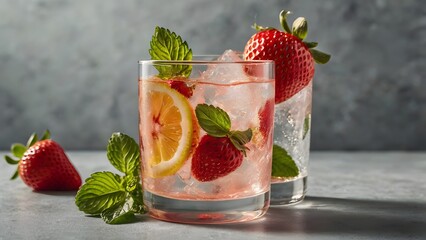 Refreshing strawberry lemon mint infused sparkling water with ice cubes in summer light