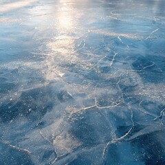 Closeup Texture of Frozen Ice Surface with Sunlight Reflections and Cracks