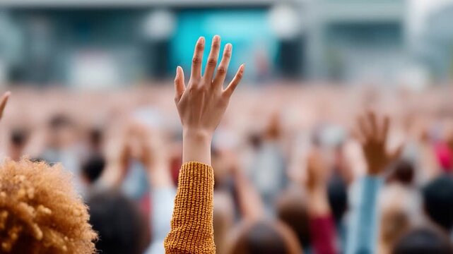 Elevated Gesture: A diverse crowd extends their arms skyward, their hands reaching out in a unified expression of solidarity and support. Capturing the essence of unity and shared aspiration.