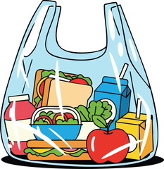 Plastic grocery bag filled with lunch items including sandwiches salad juice box apple and jar of jelly on a white background