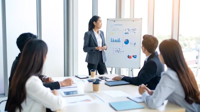 Business presentation in a modern office with a diverse team discussing strategy.