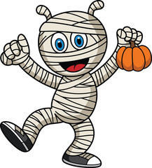 Cute cartoon mummy character holding small pumpkin, funny Halloween mascot illustration, happy monster design, spooky costume art, festive background